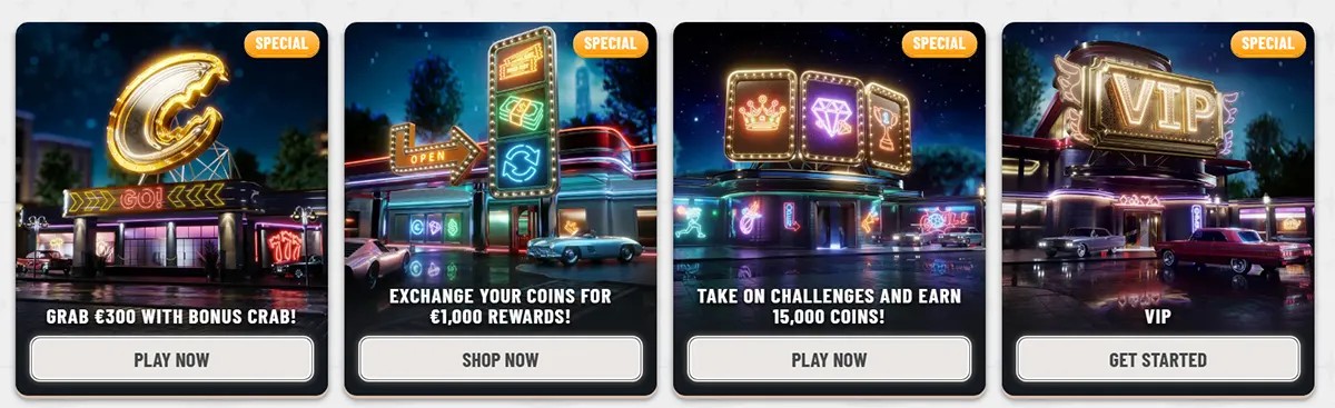 Casino special promotions cards with neon-style artwork featuring a bonus crab offer, coin exchange rewards, challenge missions, and a VIP promotion, each with bold call-to-action buttons on a light background.