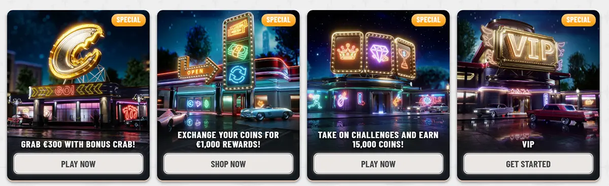 Casino special promotions cards with neon-style artwork featuring a bonus crab offer, coin exchange rewards, challenge missions, and a VIP promotion, each with bold call-to-action buttons on a light background.