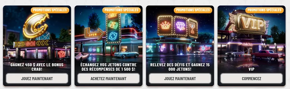 French casino special promotions cards with neon-style artwork featuring a bonus crab offer, token exchange rewards, challenge missions, and a VIP promotion, each with bold call-to-action buttons on a light background.