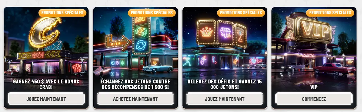 French casino special promotions cards with neon-style artwork featuring a bonus crab offer, token exchange rewards, challenge missions, and a VIP promotion, each with bold call-to-action buttons on a light background.