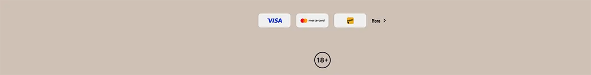 Payment methods footer with Visa, Mastercard, and Maestro icons, a “More” link, and an 18+ badge centered on a light beige background.