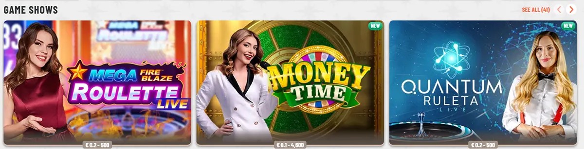 Game shows section featuring Mega Fire Blaze Roulette Live, Money Time, and Quantum Ruleta Live, with female presenters, betting limits, a new label, and a “See all” link on a light casino interface.