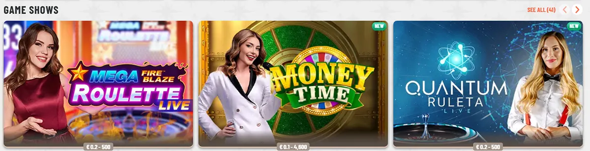 Game shows section featuring Mega Fire Blaze Roulette Live, Money Time, and Quantum Ruleta Live, with female presenters, betting limits, a new label, and a “See all” link on a light casino interface.
