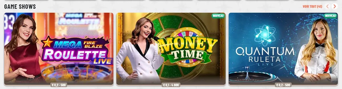 Game shows section featuring Mega Fire Blaze Roulette Live, Money Time, and Quantum Ruleta Live, with female presenters, betting limits, new labels, and a “Voir tout” link on a light casino interface.