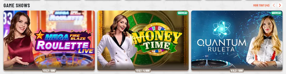 Game shows section featuring Mega Fire Blaze Roulette Live, Money Time, and Quantum Ruleta Live, with female presenters, betting limits, new labels, and a “Voir tout” link on a light casino interface.