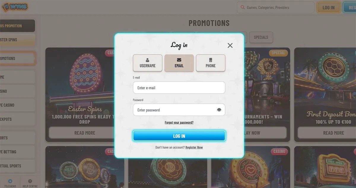Casino login popup with username, email, and phone sign-in tabs, email and password fields, forgot password link, bright blue log in button, and register prompt over a promotions page background.