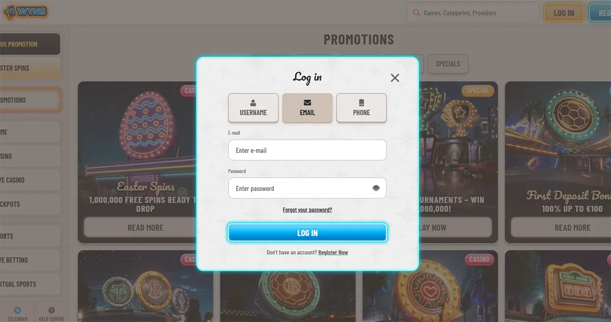 Casino login popup with username, email, and phone sign-in tabs, email and password fields, forgot password link, bright blue log in button, and register prompt over a promotions page background.
