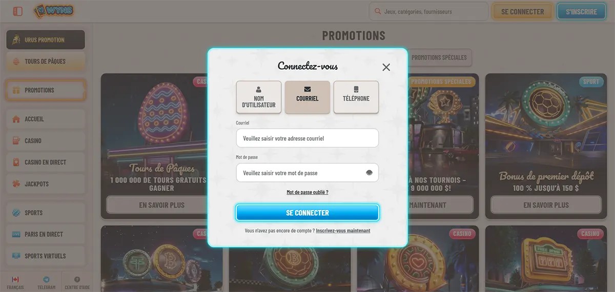 French casino login popup with username, email, and phone sign-in tabs, email and password fields, forgot password link, bright blue “Se connecter” button, and registration prompt over a promotions page background.