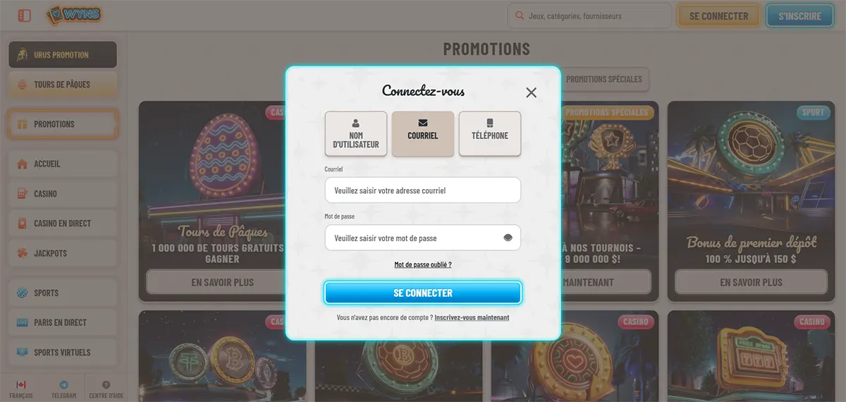 French casino login popup with username, email, and phone sign-in tabs, email and password fields, forgot password link, bright blue “Se connecter” button, and registration prompt over a promotions page background.